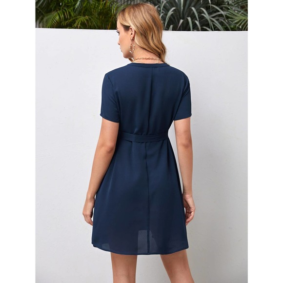 Maternity Notched v Neck Belted Dress navy blue - Picture 2 of 5